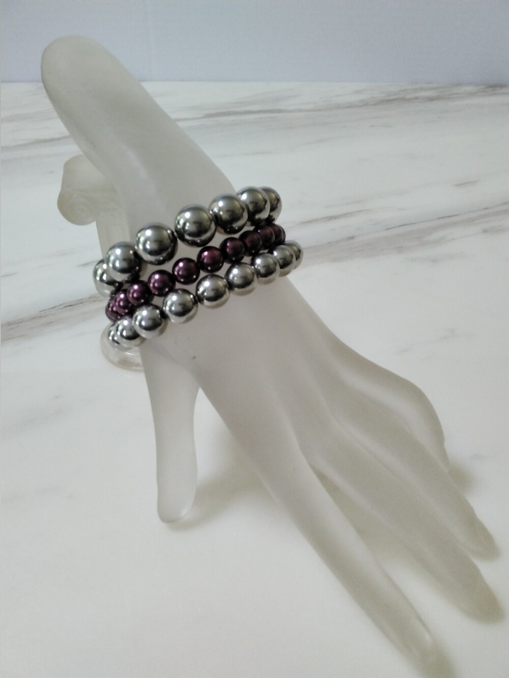 Silver and Plum Beaded Stretch Bracelets